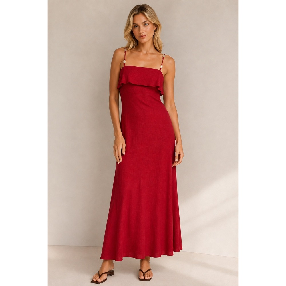 Abel The Label Red Linen Blend Pearl Beaded Strap Ruffle Midi Dress M NWT